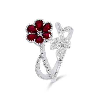 Blossom・紅寶石鑽石珠邊開口戒指 - WILLS JEWELLERY