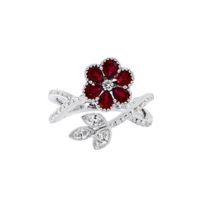 Blossom・紅寶石鑽石珠邊開口戒指 - WILLS JEWELLERY