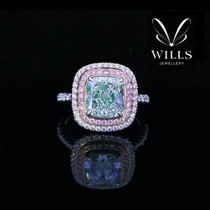 經典湖水綠枕形彩色鑽石雙層圍石鑽石戒指 - WILLS JEWELLERY