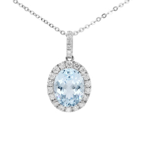 橢圓形冰藍色海藍寶圍石鑽石吊墜 - WILLS JEWELLERY