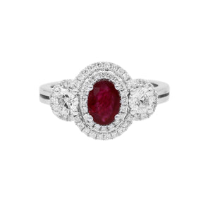 橢圓形紅寶石鑽石三石雙重圍石鑽石戒指 - WILLS JEWELLERY