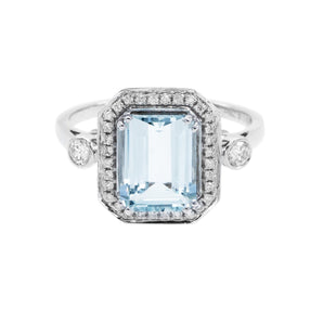 祖母綠形冰藍色海藍寶圍石鑽石戒指 - WILLS JEWELLERY