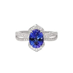 時尚橢圓坦桑石分叉鑽石戒指 - WILLS JEWELLERY