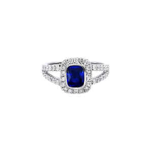 典雅包鑲枕形藍寶石圍石岔臂鑽石戒指 - WILLS JEWELLERY