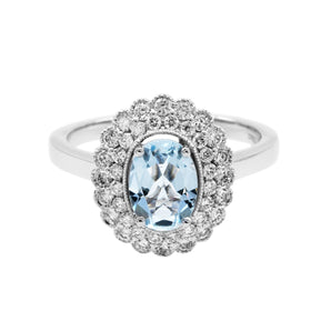 橢圓形冰藍色海藍寶雙層圍石珠邊鑽石戒指 - WILLS JEWELLERY