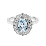 橢圓形冰藍色海藍寶雙層圍石珠邊鑽石戒指 - WILLS JEWELLERY
