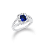 典雅包鑲枕形藍寶石圍石岔臂鑽石戒指 - WILLS JEWELLERY