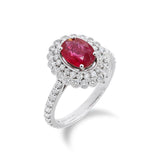 橢圓形紅寶石雙層圍石珠邊戒指 - WILLS JEWELLERY