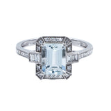 祖母綠形冰藍色海藍寶圍石珠邊鑽石戒指 - WILLS JEWELLERY
