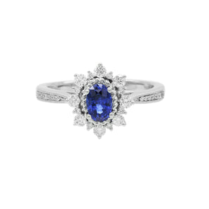 雪花橢圓形藍寶石圍石鑽石戒指 - WILLS JEWELLERY
