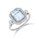 祖母綠形冰藍色海藍寶圍石鑽石戒指 - WILLS JEWELLERY