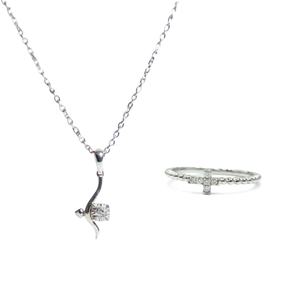 (聖誕套裝) 白金花卉鑽石吊墜 ＋白金簡約十字鑽石戒指