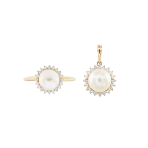 (聖誕套裝) 小復古Akoya珍珠鑽石戒指 + 吊墜