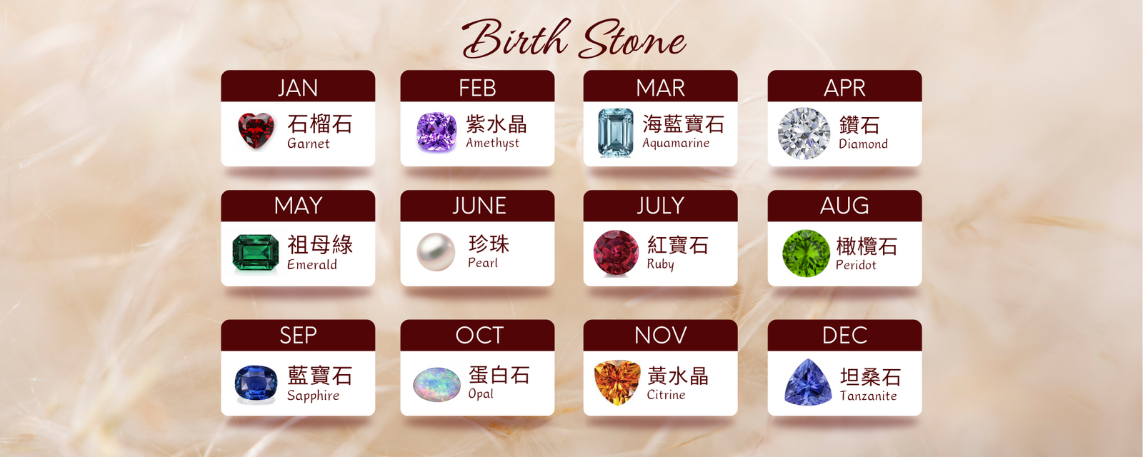 1月至12月誕生石 Birthstone 月份對照圖，包括石榴石、紫水晶、海藍寶、鑽石、祖母綠、珍珠、紅寶石、橄欖石、藍寶石、蛋白石、黃水晶及坦桑石