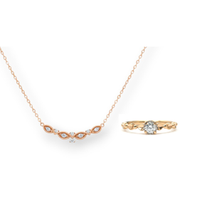 (聖誕套裝) 玫瑰金葉形鑽石項鍊 + 永恆珠鍊鑽石戒指