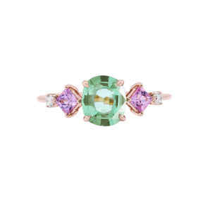 Cushion-Shaped Mint Green Tourmaline and Pink Sapphire Diamond Ring