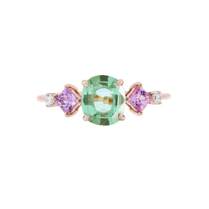Cushion mint green tourmaline and pink ruby ​​diamond ring
