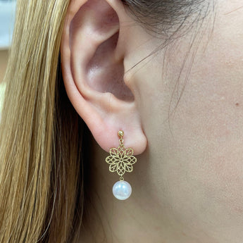 日本製・Akoya正圓珍珠垂吊通花耳環 (花珠等級) - WILLS JEWELLERY