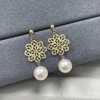 日本製・Akoya正圓珍珠垂吊通花耳環 (花珠等級) - WILLS JEWELLERY