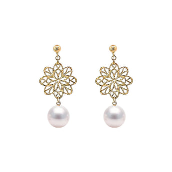 日本製・Akoya正圓珍珠垂吊通花耳環 (花珠等級) - WILLS JEWELLERY