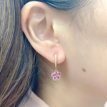 Garden・花形粉紅藍寶石珠邊鑽石耳扣 - WILLS JEWELLERY