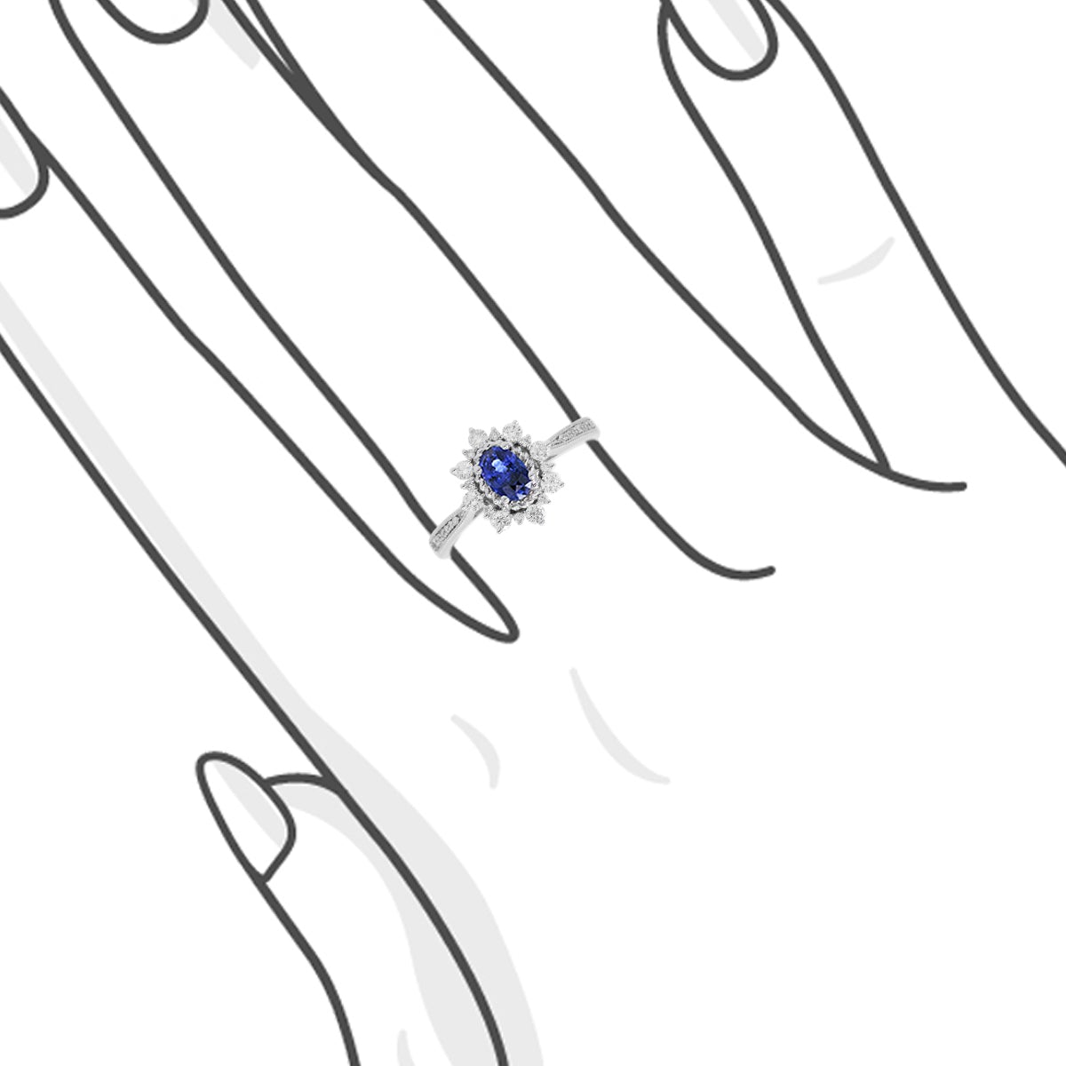 雪花橢圓形藍寶石圍石鑽石戒指 - WILLS JEWELLERY