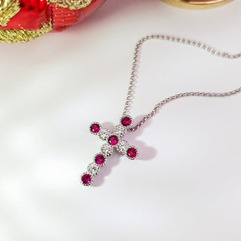 復古紅寶石鑽石珠邊十字架吊墜 - WILLS JEWELLERY
