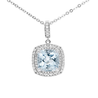 枕形海藍寶雙重圍石鑽石吊墜 - WILLS JEWELLERY