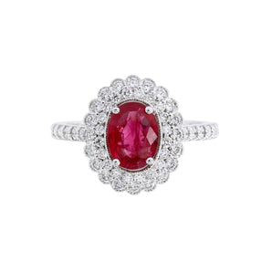 橢圓形紅寶石雙層圍石珠邊戒指 - WILLS JEWELLERY