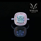 經典湖水綠枕形彩色鑽石雙層圍石鑽石戒指 - WILLS JEWELLERY