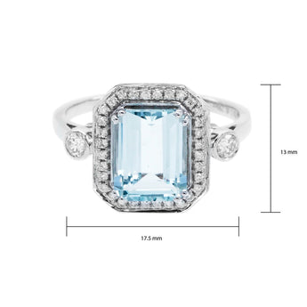 祖母綠形冰藍色海藍寶圍石鑽石戒指 - WILLS JEWELLERY