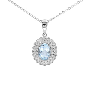 橢圓形冰藍色海藍寶石雙層圍石珠邊鑽石吊墜 - WILLS JEWELLERY