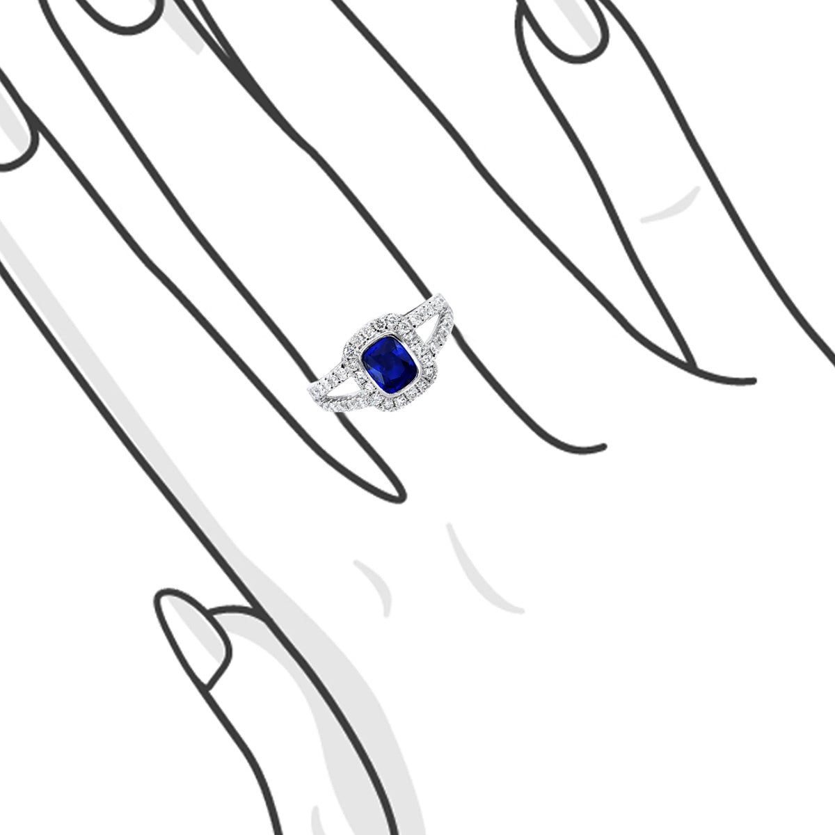 典雅包鑲枕形藍寶石圍石岔臂鑽石戒指 - WILLS JEWELLERY