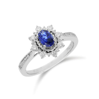 雪花橢圓形藍寶石圍石鑽石戒指 - WILLS JEWELLERY