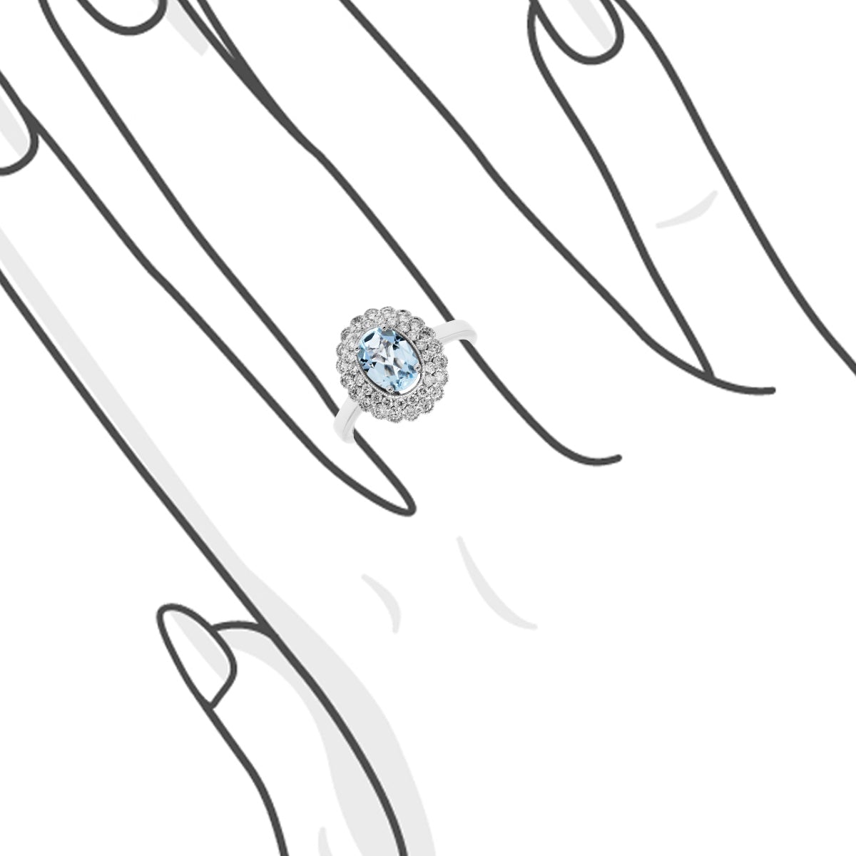 橢圓形冰藍色海藍寶雙層圍石珠邊鑽石戒指 - WILLS JEWELLERY