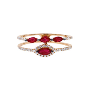 雙行馬眼紅寶石圍石鑽石戒指 - WILLS JEWELLERY