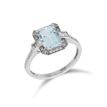 祖母綠形冰藍色海藍寶圍石珠邊鑽石戒指 - WILLS JEWELLERY