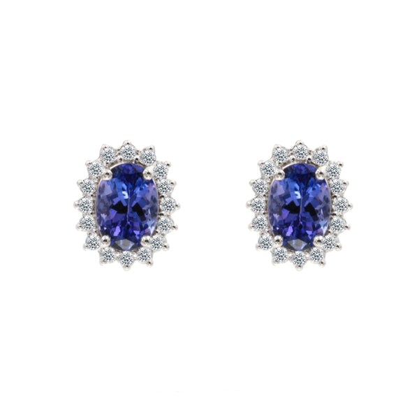 復古橢圓紫藍色坦桑石鑽石耳環 - WILLS JEWELLERY