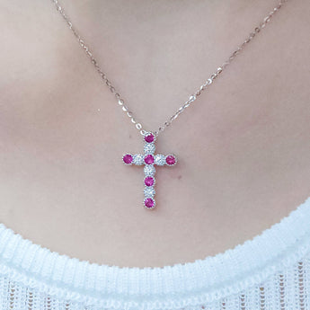 復古紅寶石鑽石珠邊十字架吊墜 - WILLS JEWELLERY
