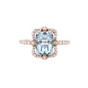 經典歐式枕形海藍寶圍石鑽石戒指 - WILLS JEWELLERY