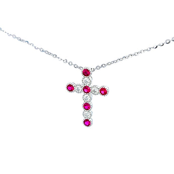 復古紅寶石鑽石珠邊十字架吊墜 - WILLS JEWELLERY