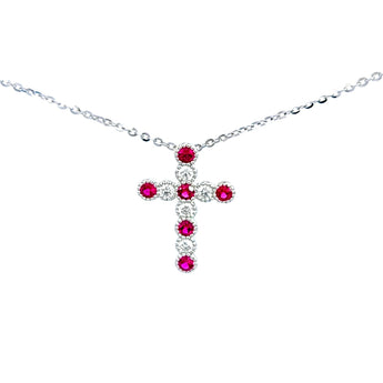 復古紅寶石鑽石珠邊十字架吊墜 - WILLS JEWELLERY