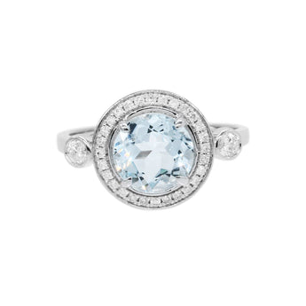 經典圓海藍寶圍鑽戒指 - WILLS JEWELLERY