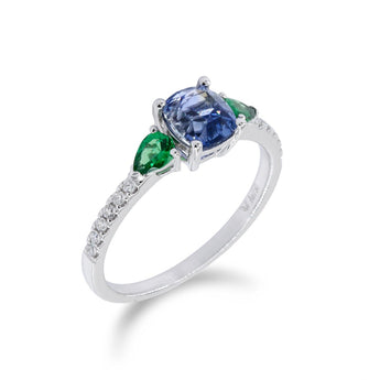 天然無燒枕形藍寶石拼沙弗萊石鑽石戒指 - WILLS JEWELLERY