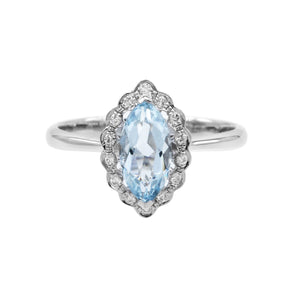 馬眼形冰藍色海藍寶圍石珠邊鑽石戒指 - WILLS JEWELLERY