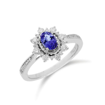 雪花橢圓形坦桑石圍石鑽石戒指 - WILLS JEWELLERY