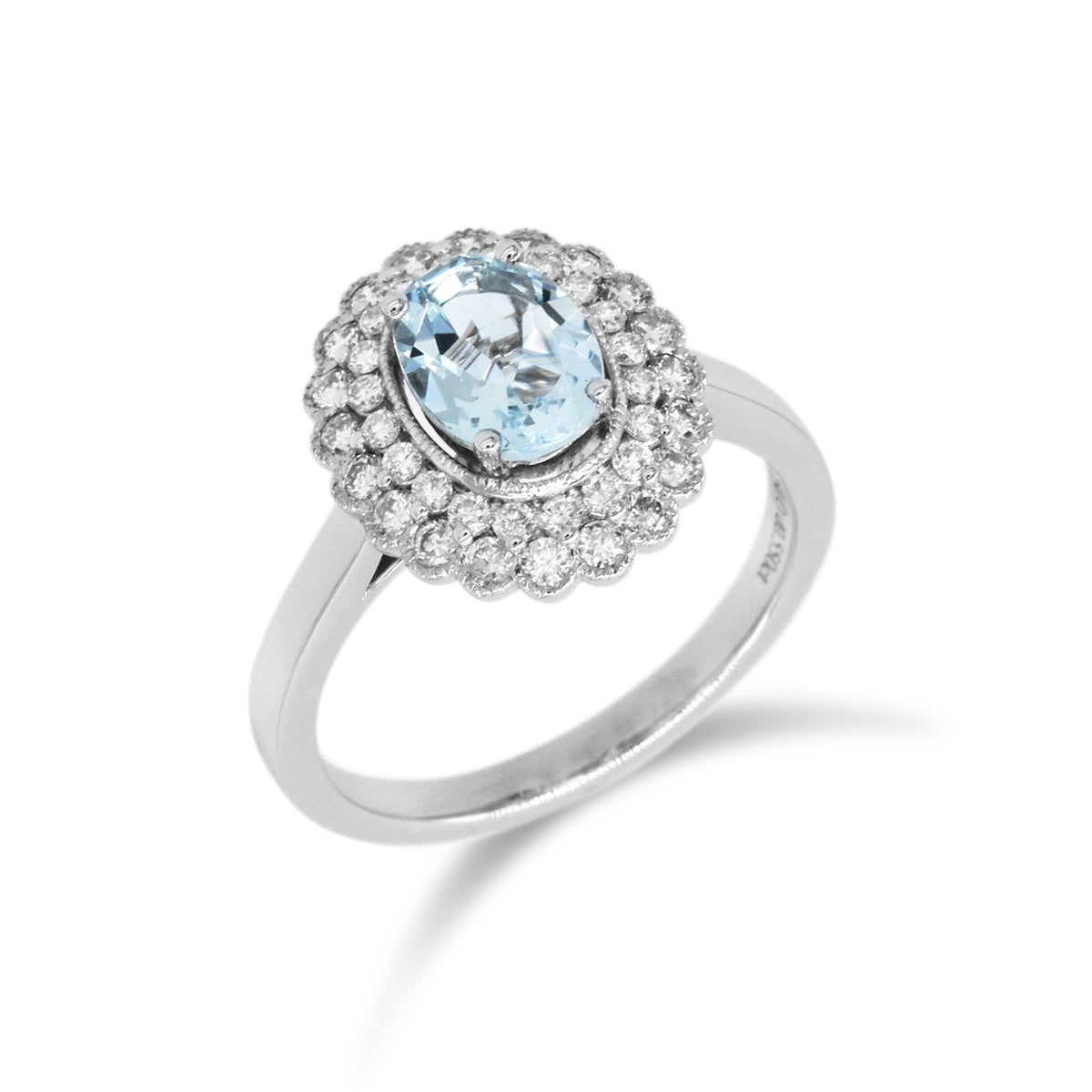橢圓形冰藍色海藍寶雙層圍石珠邊鑽石戒指 - WILLS JEWELLERY