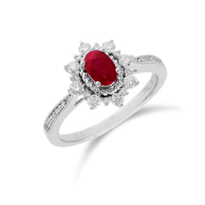 雪花橢圓形紅寶石圍石鑽石戒指 - WILLS JEWELLERY