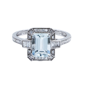 祖母綠形冰藍色海藍寶圍石珠邊鑽石戒指 - WILLS JEWELLERY