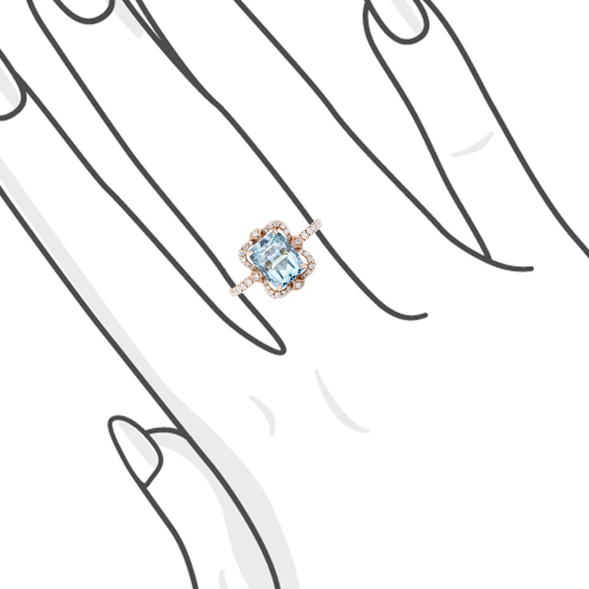 經典歐式枕形海藍寶圍石鑽石戒指 - WILLS JEWELLERY